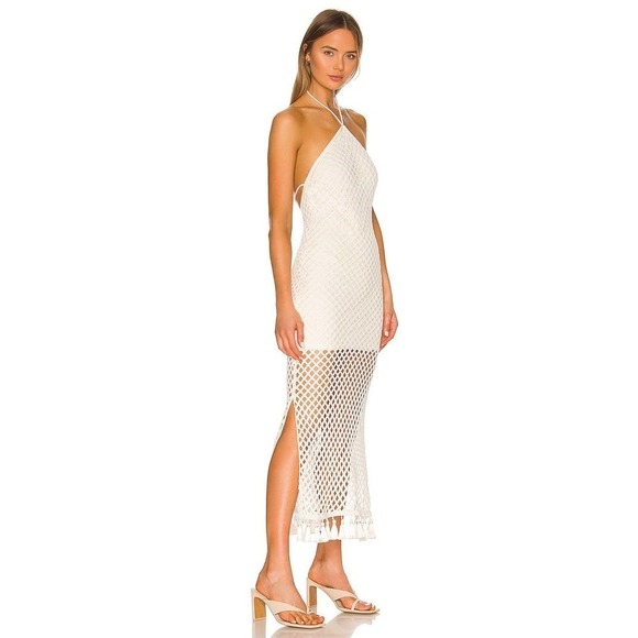 Alexis Knit Crochet Midi Halter Fringe Tassel Shaya Dress White Size M NWT - Picture 4 of 11